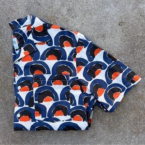 Zara Men’s Short-Sleeve Button-Down Shirt — Navy Blue, Orange & Cream Print